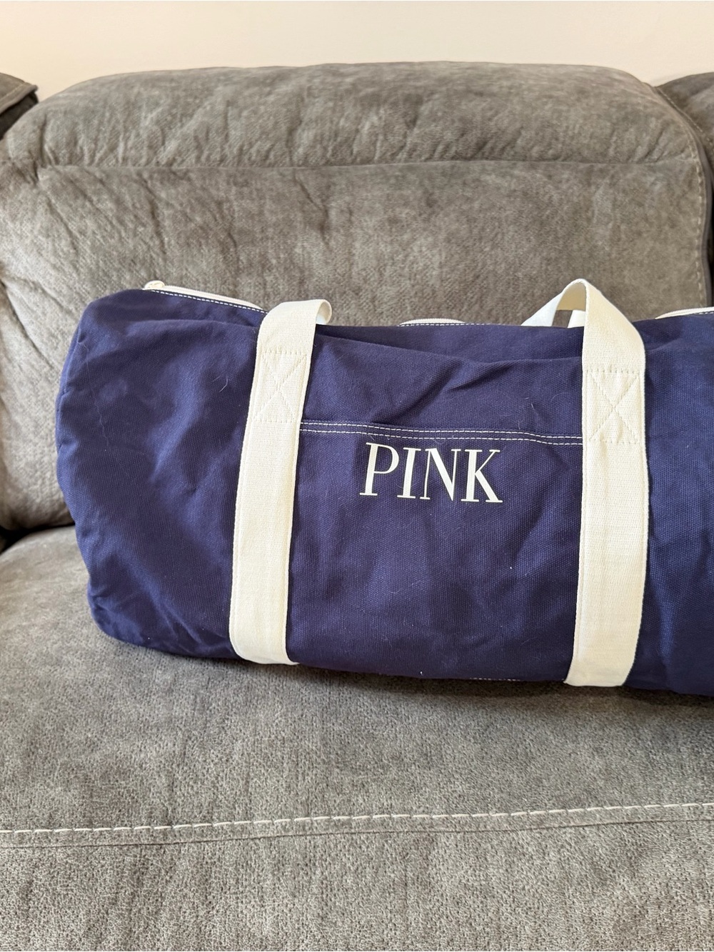 PINK Victoria's Secret Navy Canvas Duffle with Cream Handles - Picture 3 of 4